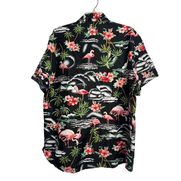 Hawaiian Flamingo Tropical Large Shirt SSLR Mens Camp Black Pink Lightweight - Picture 3 of 7